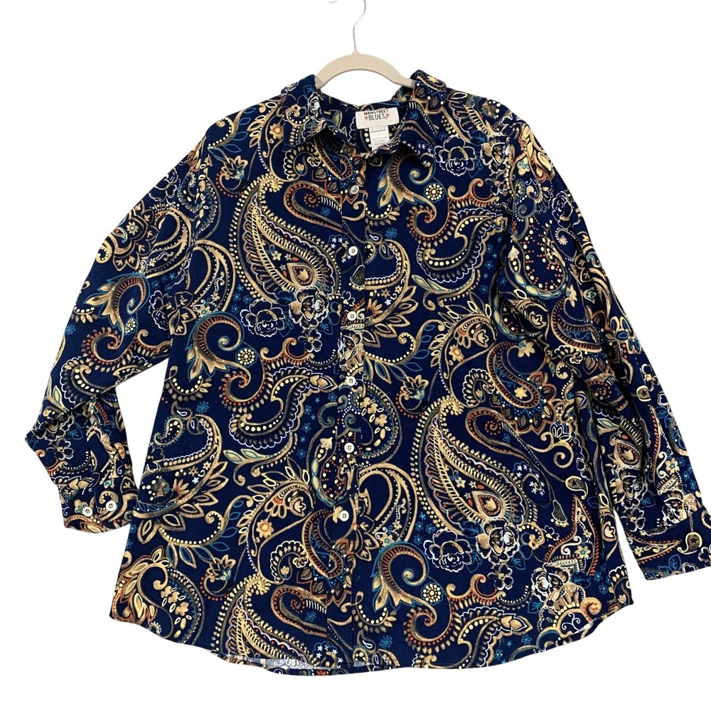 Mainstreet Blues Shirt Womens Large Blue Paisley Button Front Long Sleeve